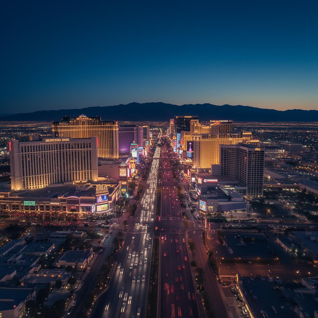 Aerial cinematic drone view of the Las Vegas Strip lit up at night
